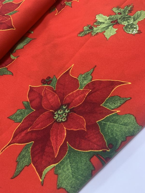 Stretch con lurex NAVIDAD FONDO ROJO FLOR DE PASCUAS